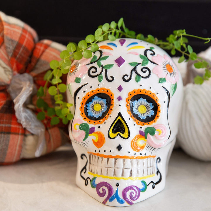 Day of The Dead Skull Planter Multi Color Ceramic Natural Finish Weather