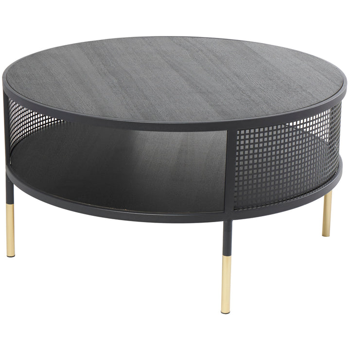 Black Metal Open Grid Frame 1 Shelf Coffee Table with Gold Legs Modern - Diamond Home USA