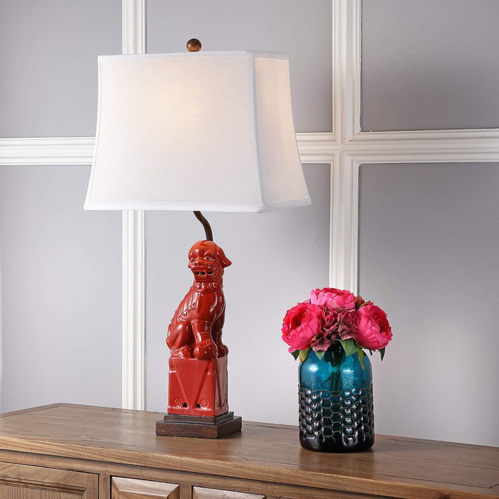 Lighting 28-inch Red Foo Dog Table Lamp (Set of 2) - 14"x9"x28.5" Brown Bulbs - Diamond Home USA