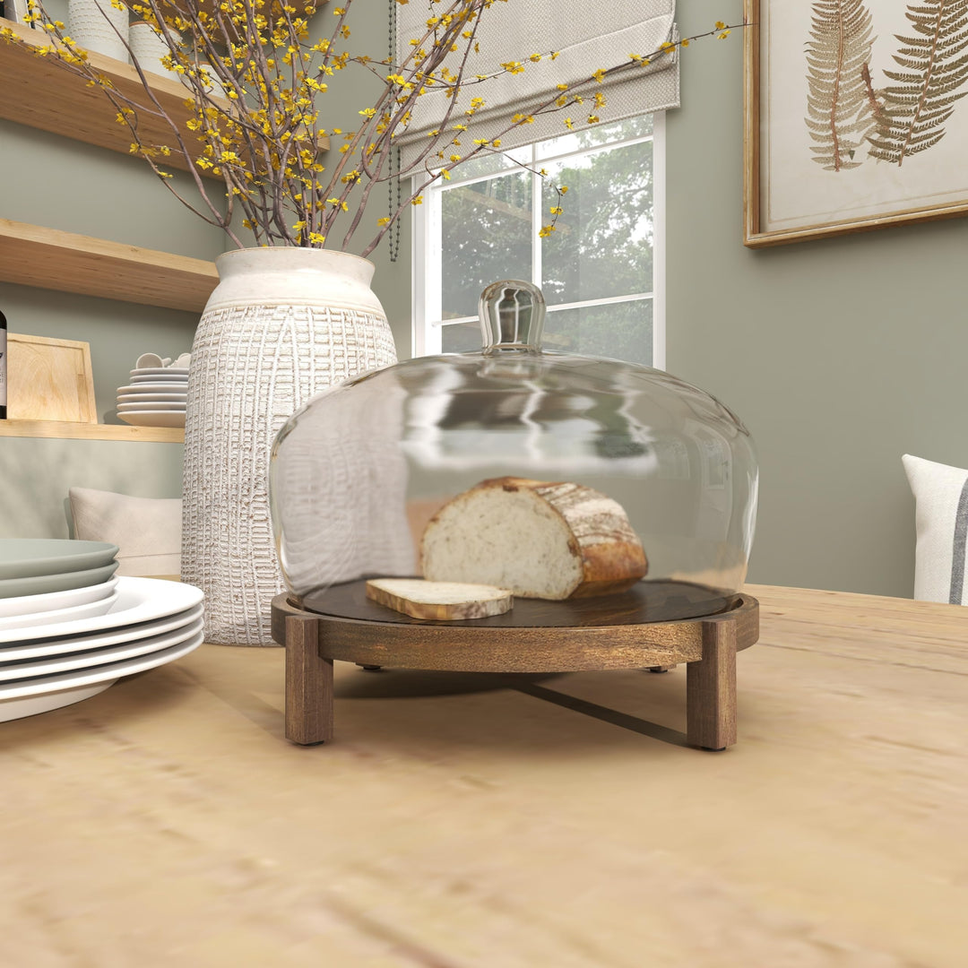 Dark Brown Mango Wood Cake Stand with Glass