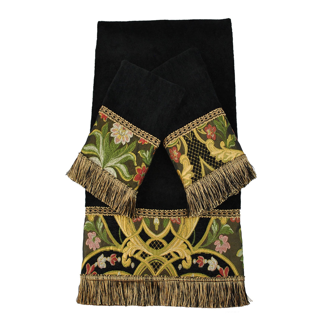 Black Luxury Embellished 3-Piece Towel Set Floral Cotton