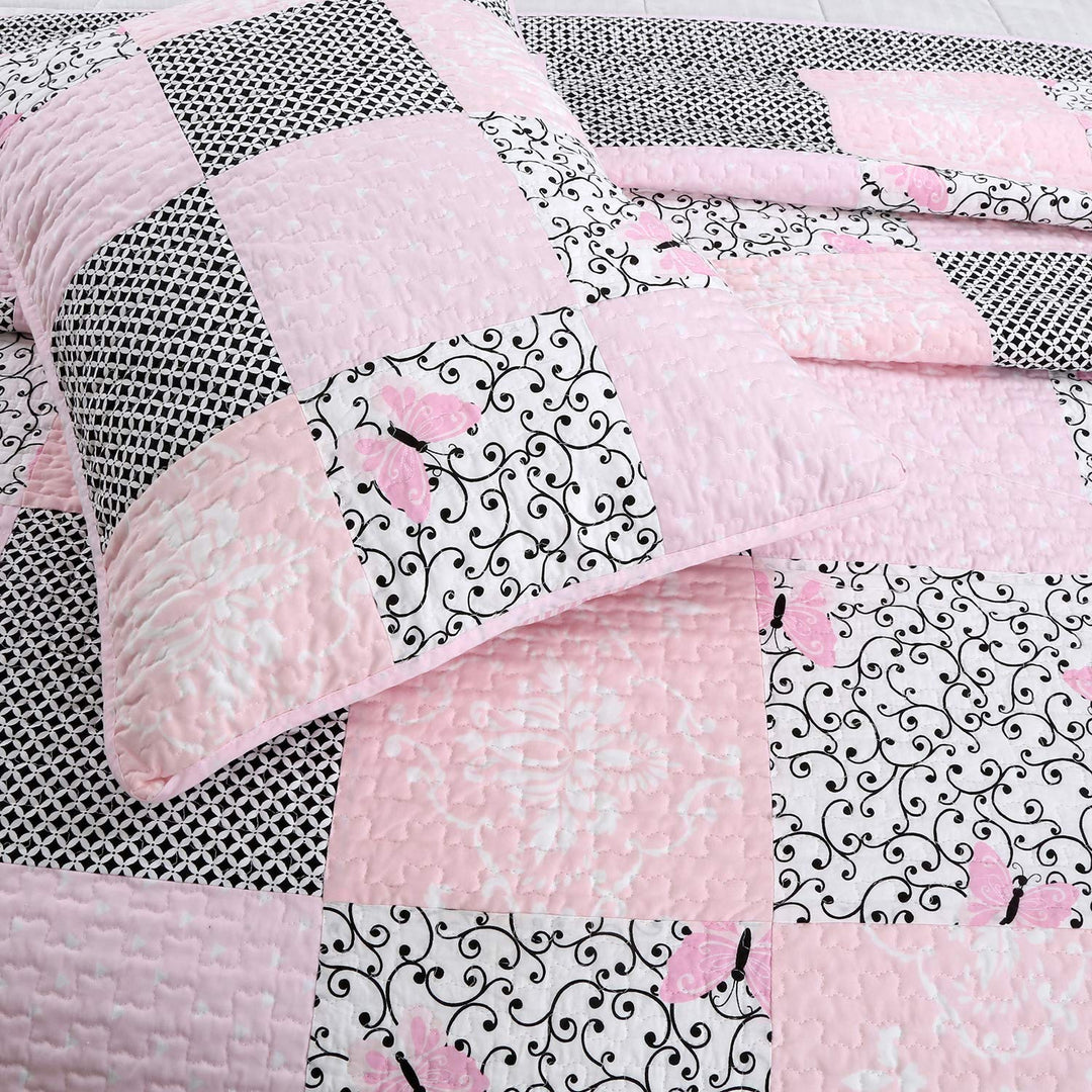 Finely Stitched Princess Pink Girls Farmhouse Patchwork Cotton Quilt Set - White King - Diamond Home USA