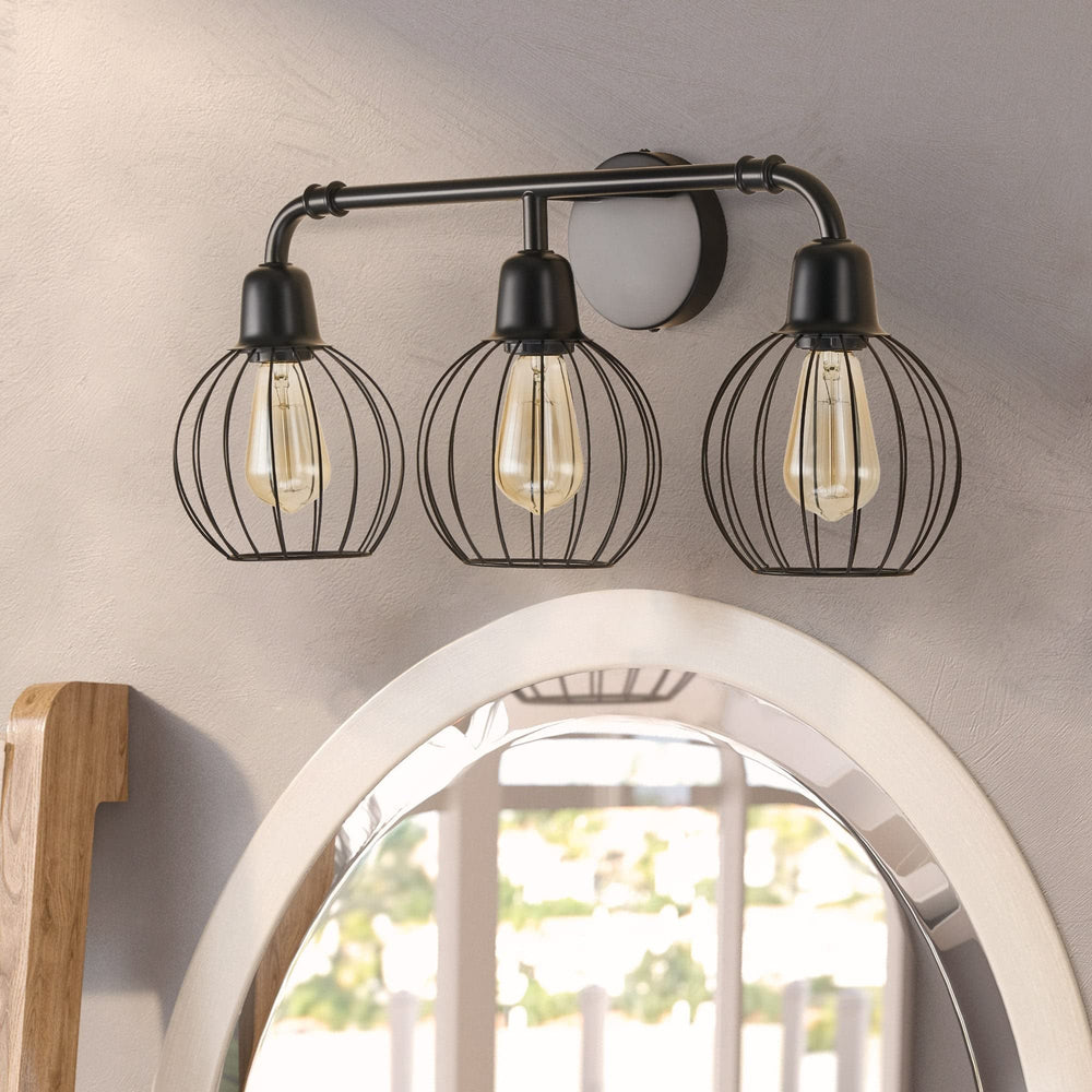 3-Light Industrial Vanity Light Wall Sconce with Cage Shades Black Modern - Diamond Home USA