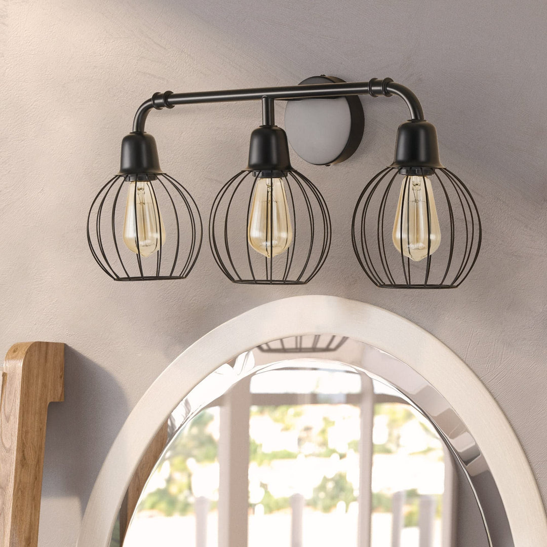 3-Light Industrial Vanity Light Wall Sconce with Cage Shades Black Modern - Diamond Home USA