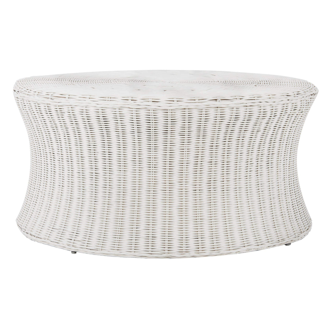 Round Wicker Ottoman White Large Rattan Coffee Table Rounded Shape Circular - Diamond Home USA