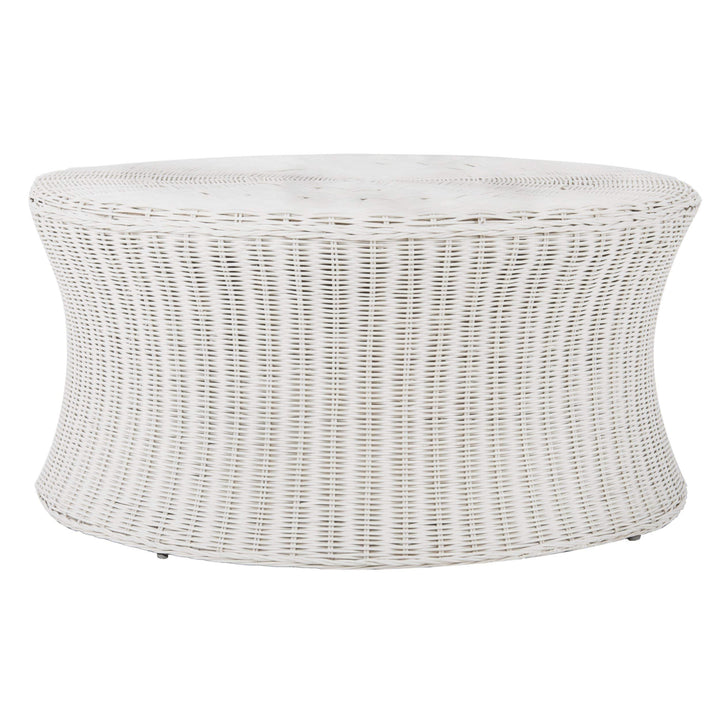 Round Wicker Ottoman White Large Rattan Coffee Table Rounded Shape Circular - Diamond Home USA