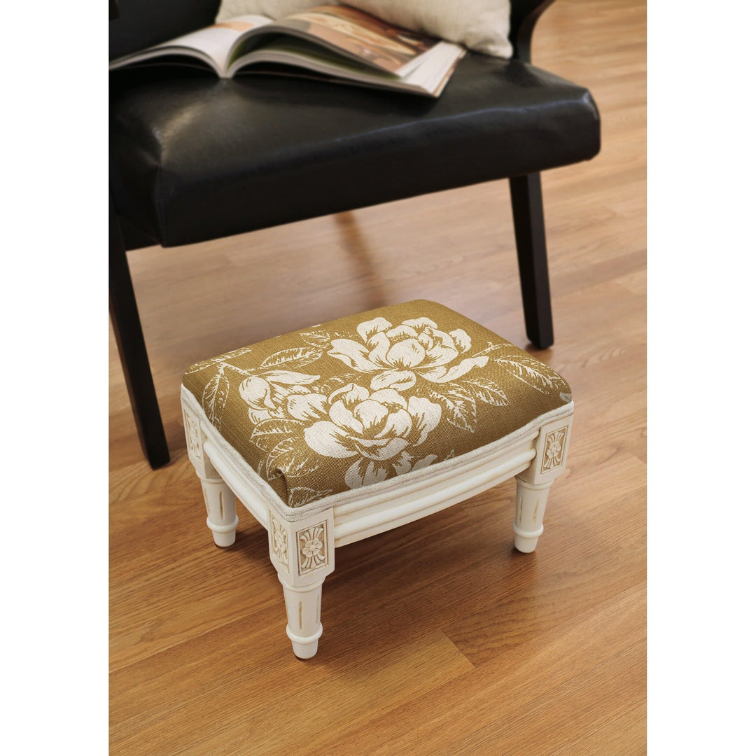 123 Creations Tan Magnolia Footstool with Antique White Finish