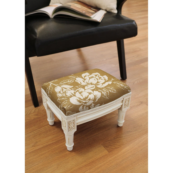 123 Creations Tan Magnolia Footstool with Antique White Finish