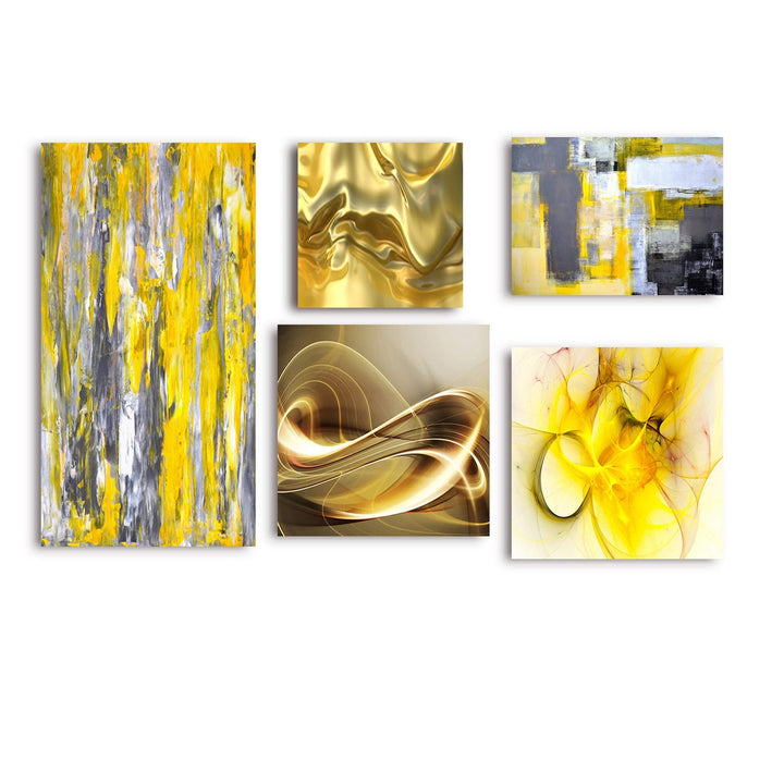 Design Art Designart - Yellow and Gold Collection - Abstract Wall Art set of 5 - Diamond Home USA