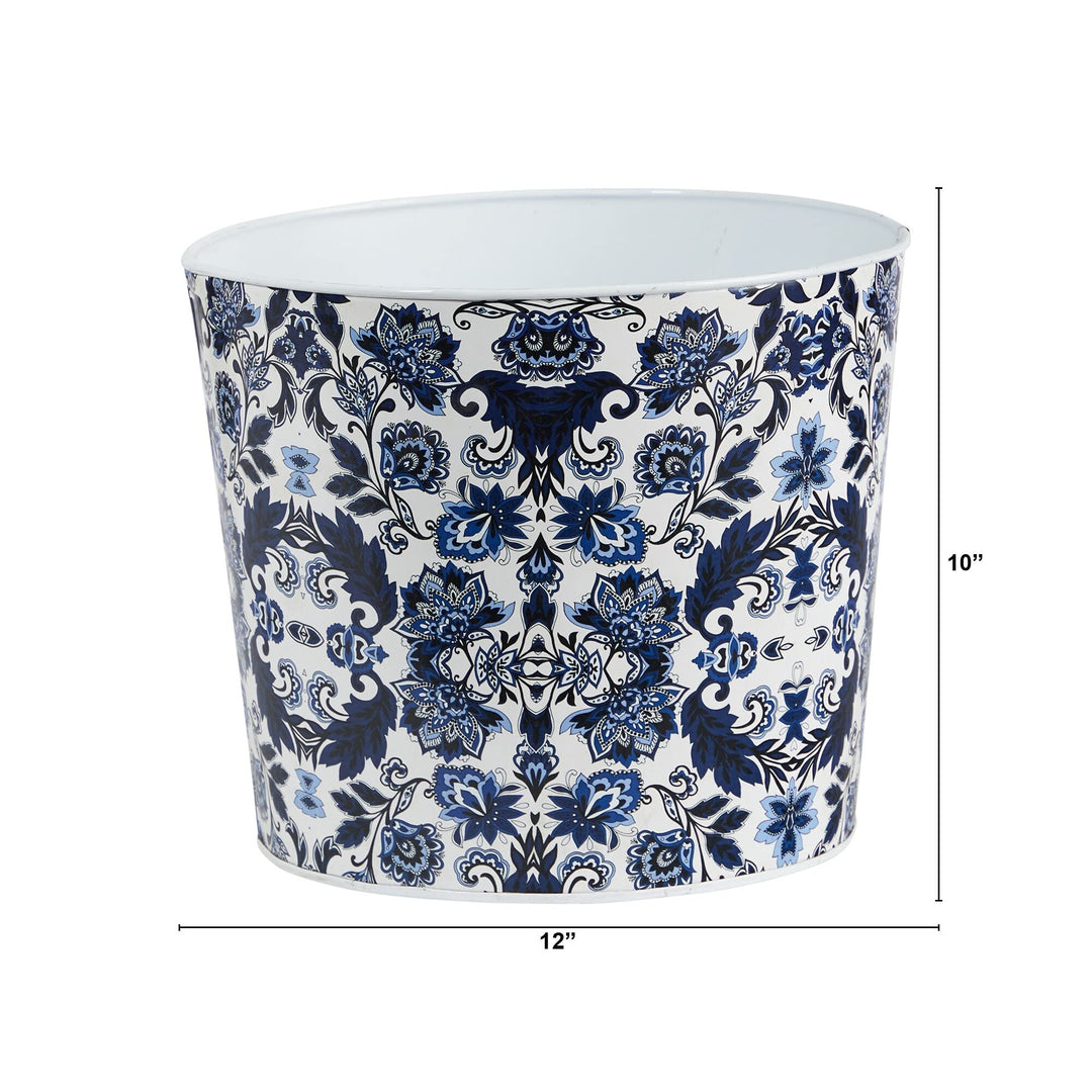 12" Oriental Blue and White Classic Round Metal Planter Traditional Distressed - Diamond Home USA