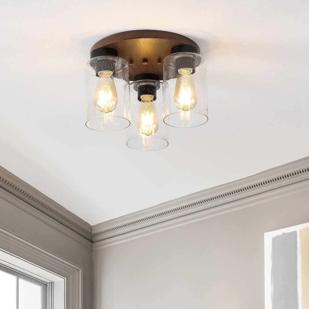 13" 3-light Bohemian Farmhouse Iron/seeded Glass Led Semi Flush Mount Wood - Diamond Home USA