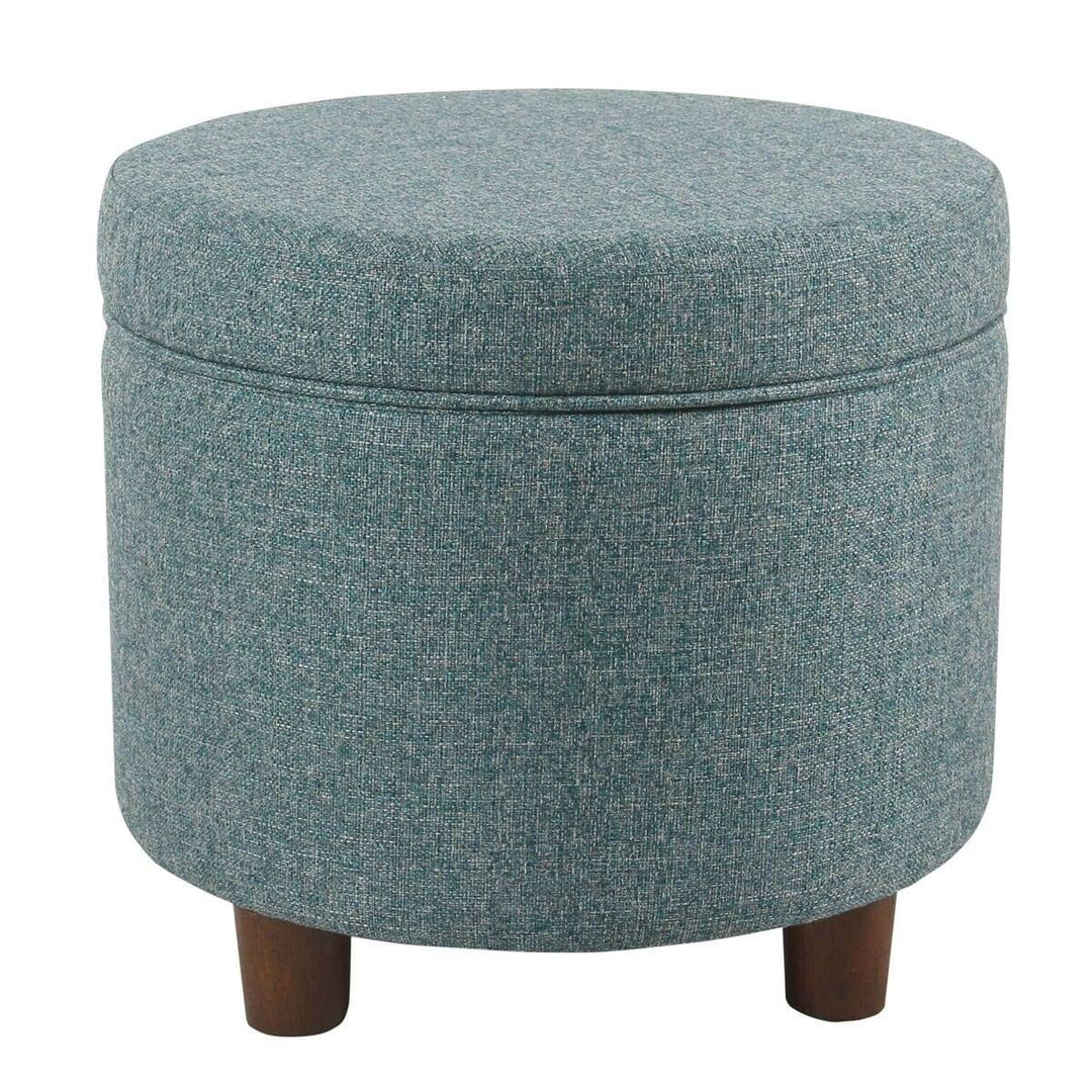 Teal Tweed Round Storage Ottoman Blue Solid Mid-Century Modern Fabric