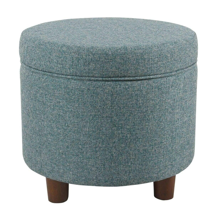 Teal Tweed Round Storage Ottoman Blue Solid Mid-Century Modern Fabric