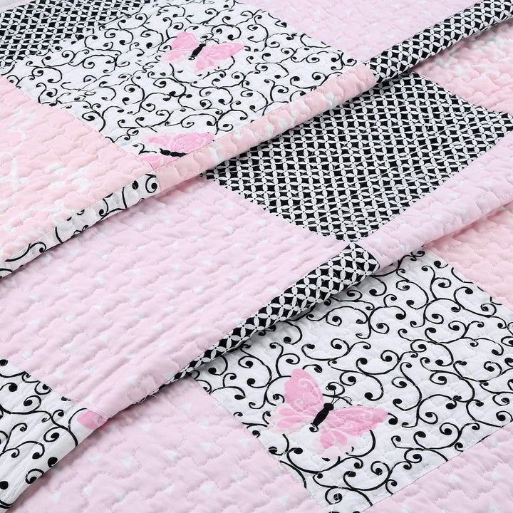 Finely Stitched Princess Pink Girls Farmhouse Patchwork Cotton Quilt Set - White King - Diamond Home USA