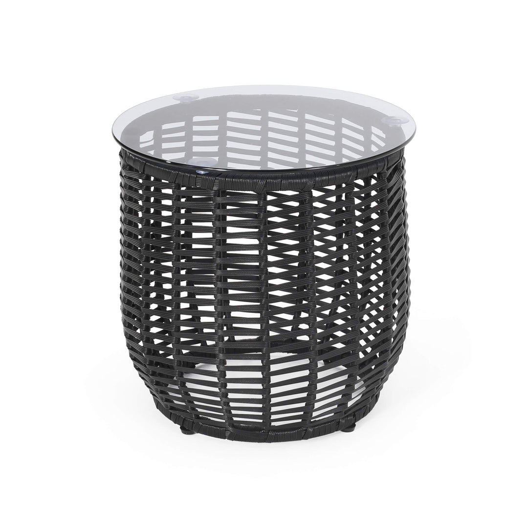 GDFStudio Wicker Side Table with Tempered Glass Top Black