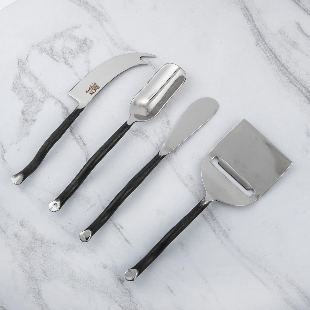 Twig Design Burnt Black Cheese Tools 4 Pcs. Set Stainless Steel Piece Handmade - Diamond Home USA