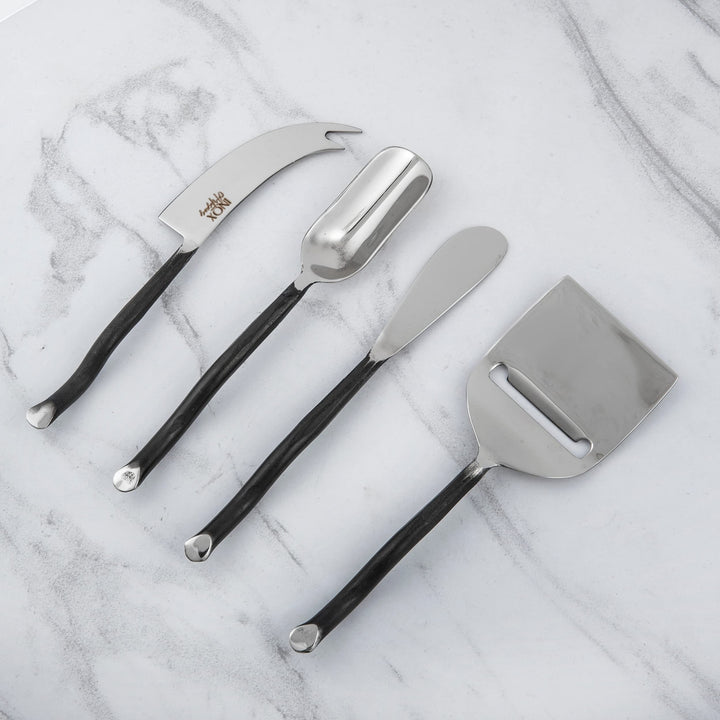 Twig Design Burnt Black Cheese Tools 4 Pcs. Set Stainless Steel Piece Handmade - Diamond Home USA