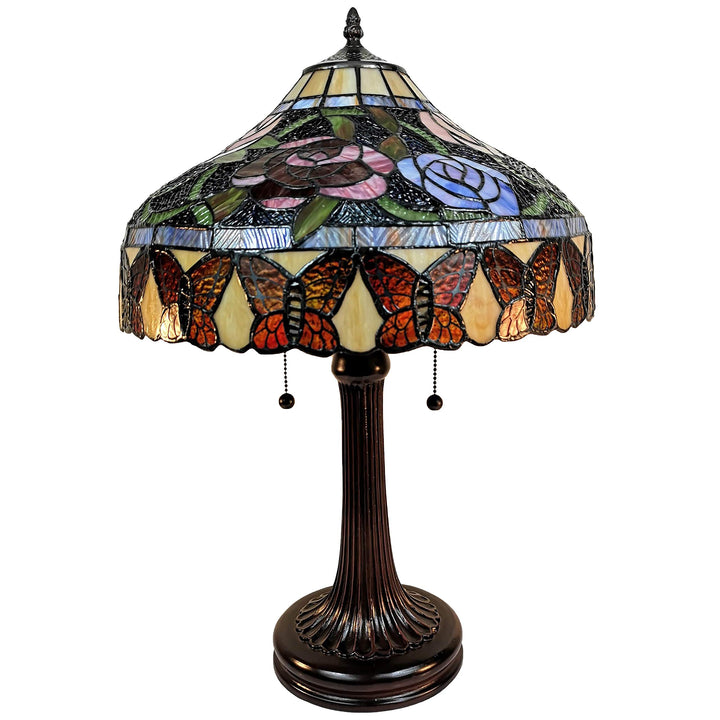 Tiffany Style Table Lamp Banker 23" Tall Stained Glass Red Green Tan Floral - Diamond Home USA