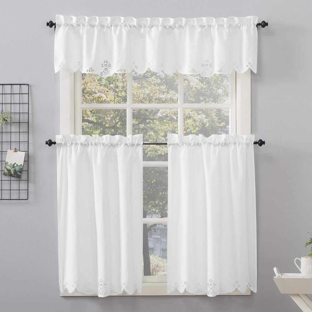 No. 918 Mariela Floral Trim Semi-Sheer Rod Pocket Kitchen Curtain Valance and - Diamond Home USA