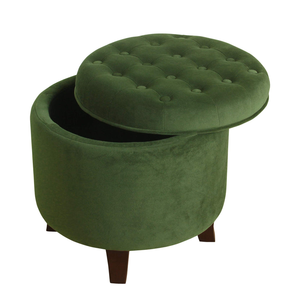 Velvet Forest Green Round Storage Ottoman Solid Casual Glam Transitional Foam - Diamond Home USA