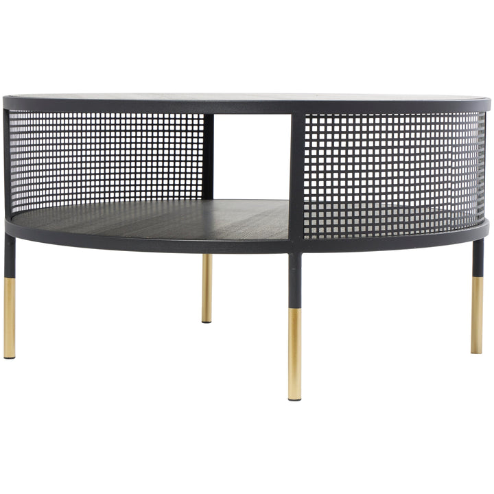 Black Metal Open Grid Frame 1 Shelf Coffee Table with Gold Legs Modern - Diamond Home USA