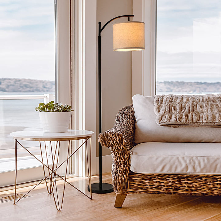 62" Arched Floor Lamp Beige Fabric Shade for Living Room Black Mid-Century - Diamond Home USA