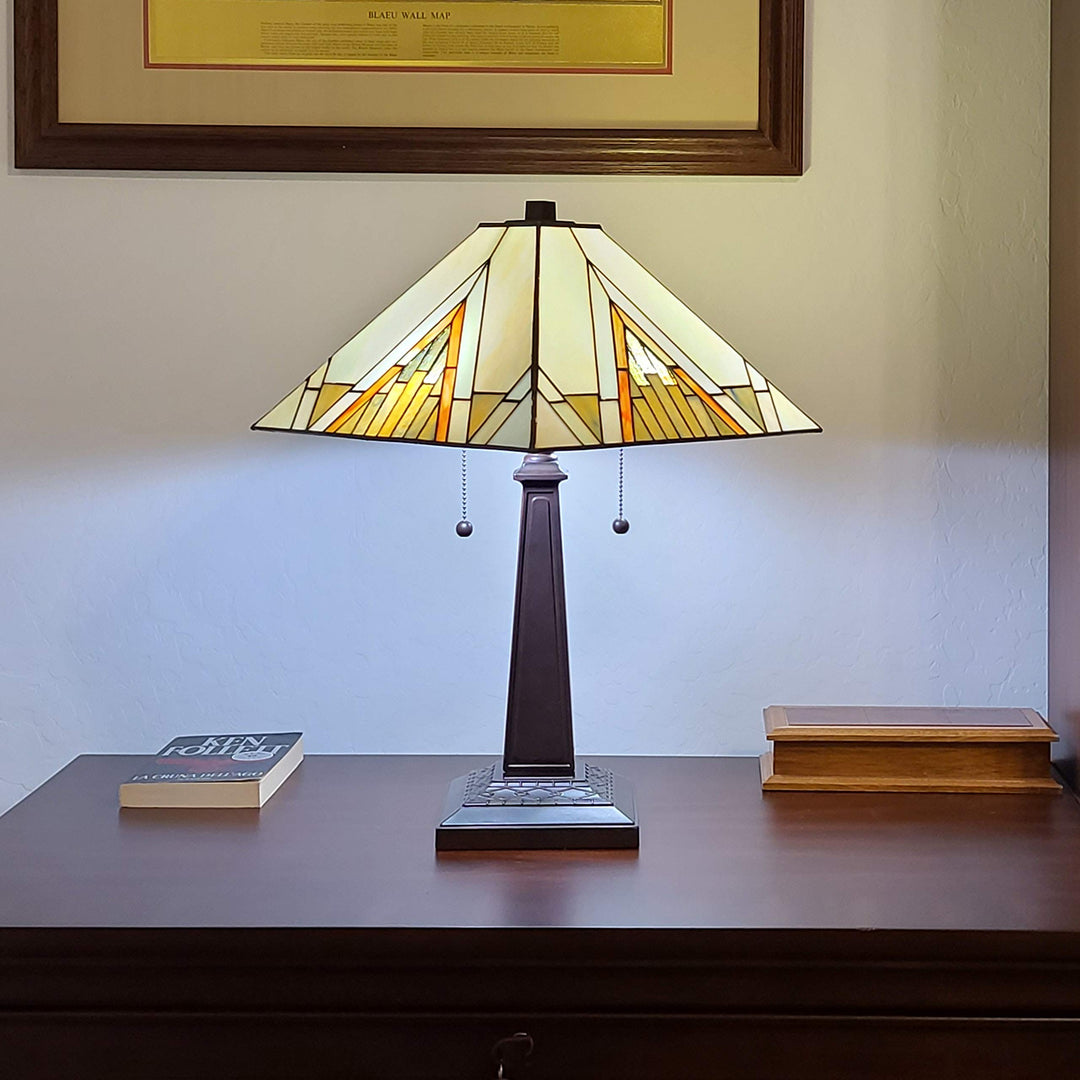 Tiffany Style Table Lamp Banker Mission 23" Tall Stained Glass Tan Brown Vintage - Diamond Home USA