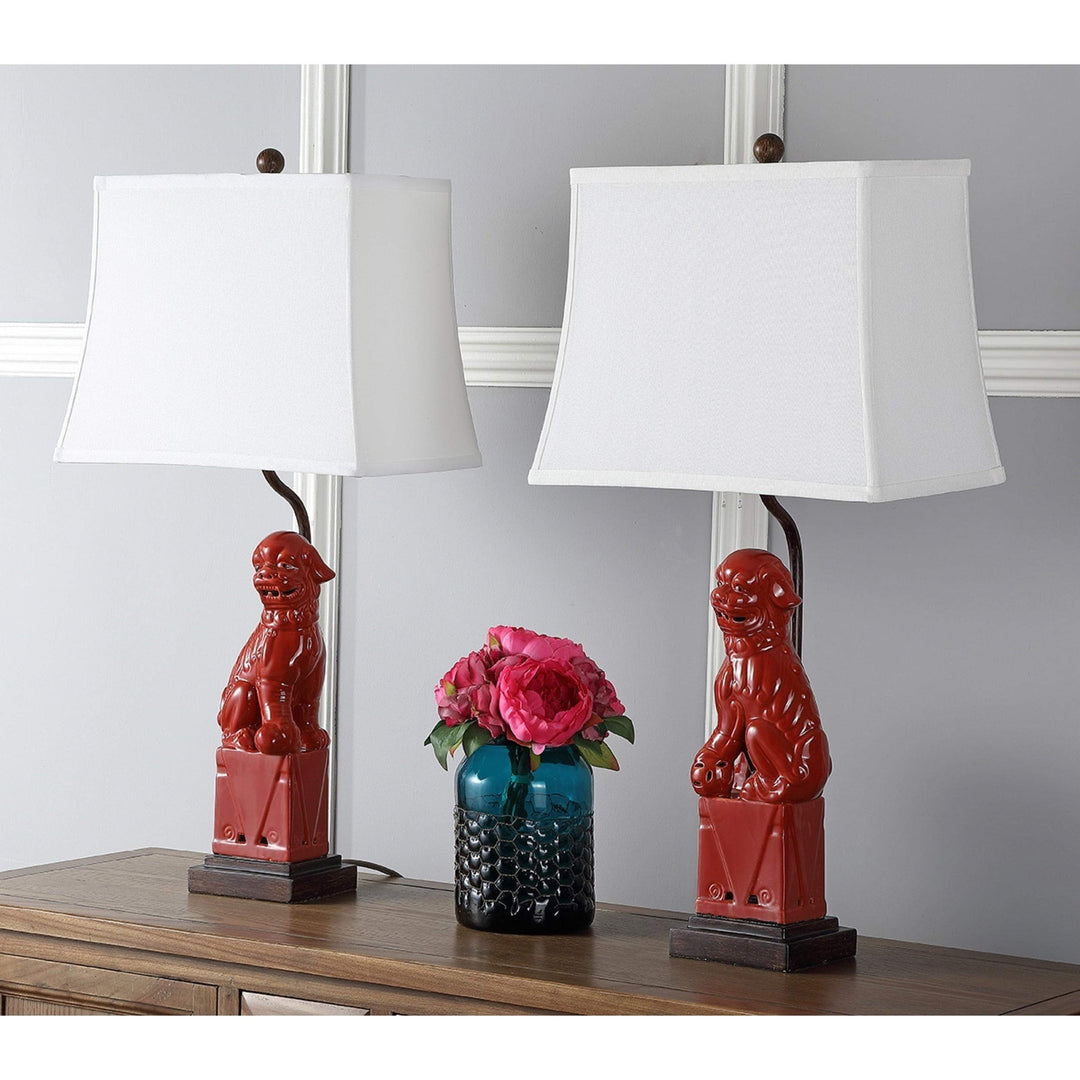 Lighting 28-inch Red Foo Dog Table Lamp (Set of 2) - 14"x9"x28.5" Brown Bulbs