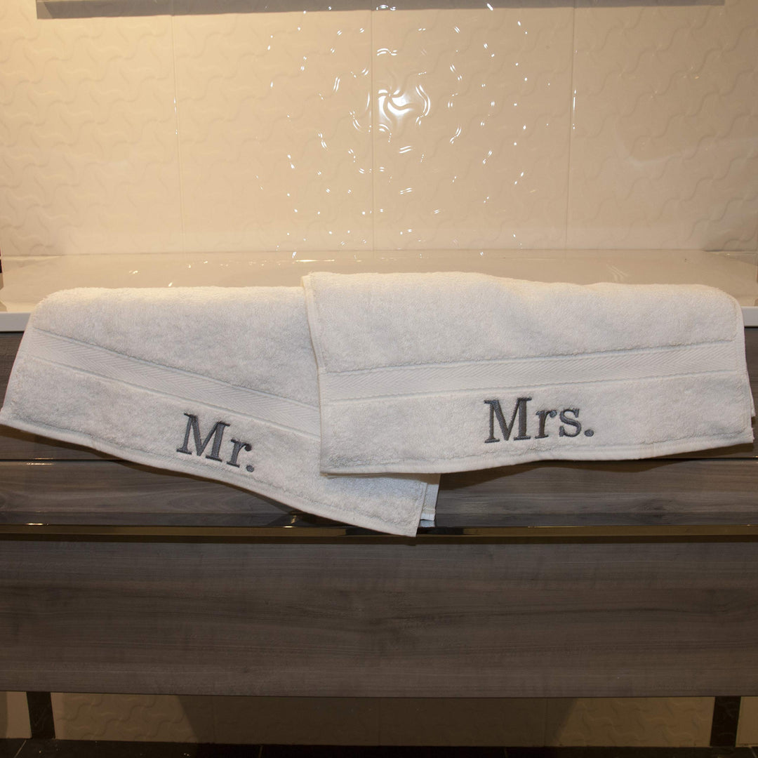 2 Piece White Mr and Mrs Towel Set Husband Wife Towels Plush Heavy Couples - Diamond Home USA