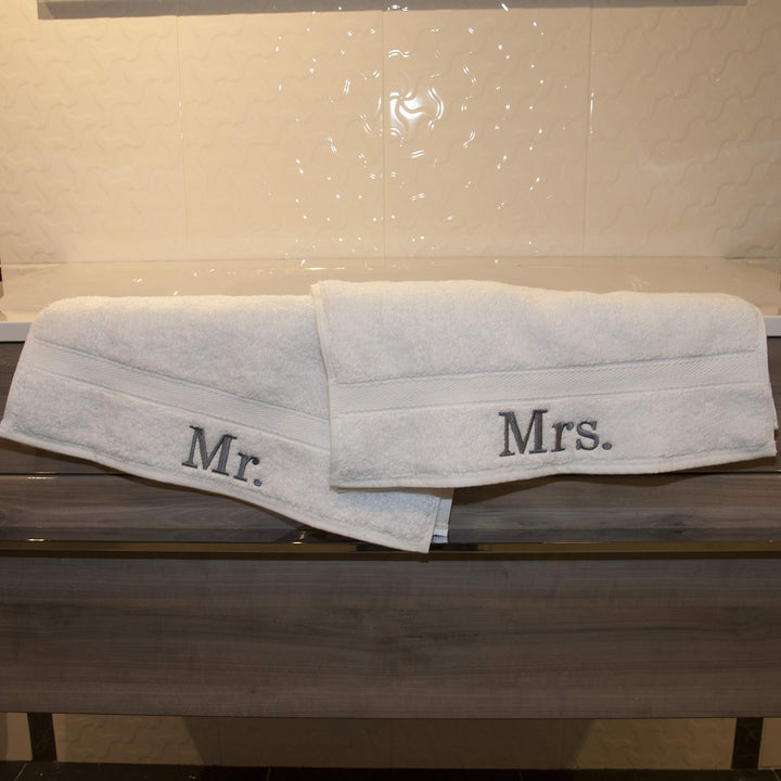 2 Piece White Mr and Mrs Towel Set Husband Wife Towels Plush Heavy Couples - Diamond Home USA