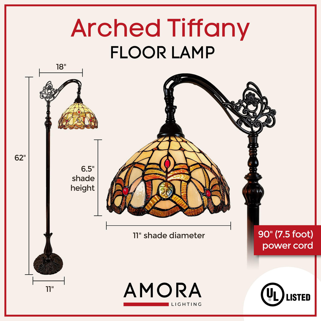 Amora Tiffany Style Floor Lamp Arched 62" Tall Stained Glass Tan Yellow Brown - Diamond Home USA