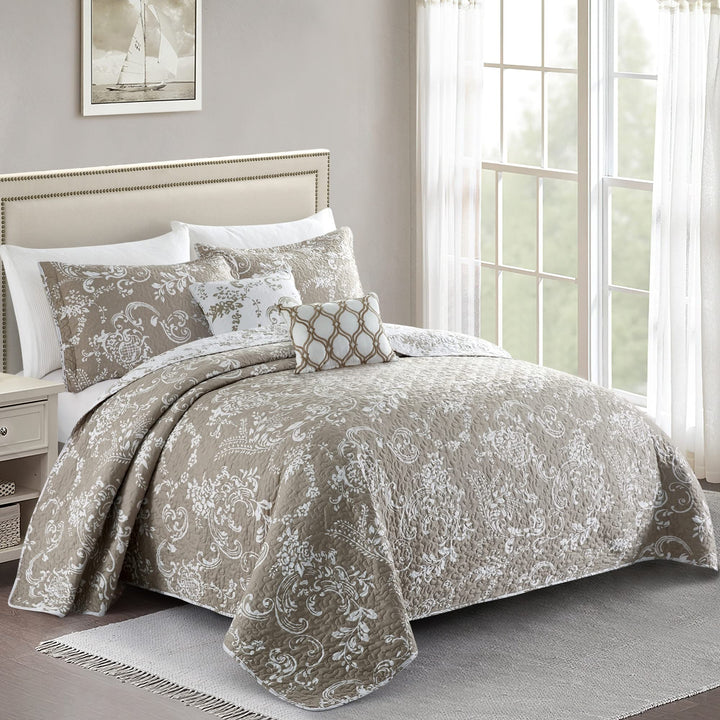 Serenta 5 Piece Printed Microfiber LA Boheme Quilt Set Taupe King King (102" x Taupe - king (102" x 90")/King