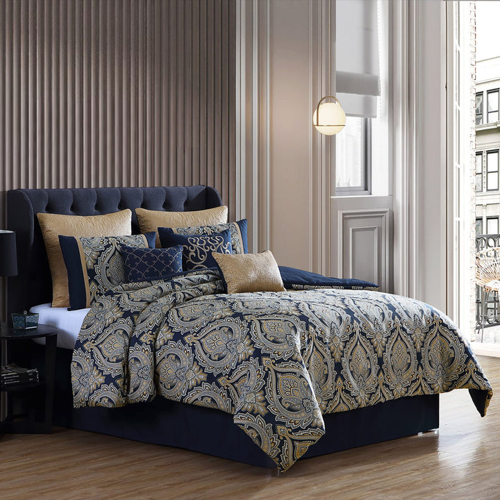 Riverbrook Home 100% Polyester Comforter Set Queen Barret - Navy 9-Piece Set - Diamond Home USA