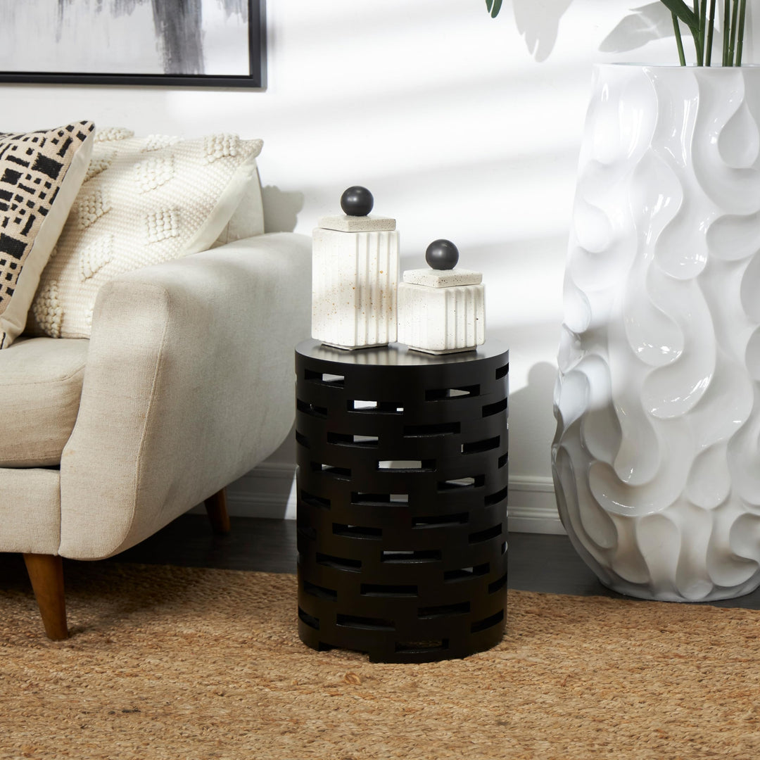 Black Wood Brick Inspired Cutout Geometric Accent Table Modern Contemporary