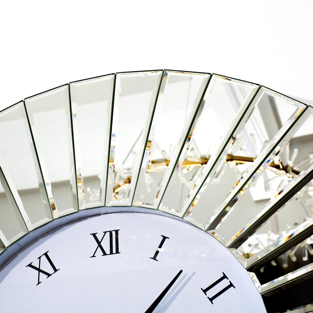Round Wall Clock 24 Inches Mirrored Large Silver Glam Contemporary Glass Wood - Diamond Home USA
