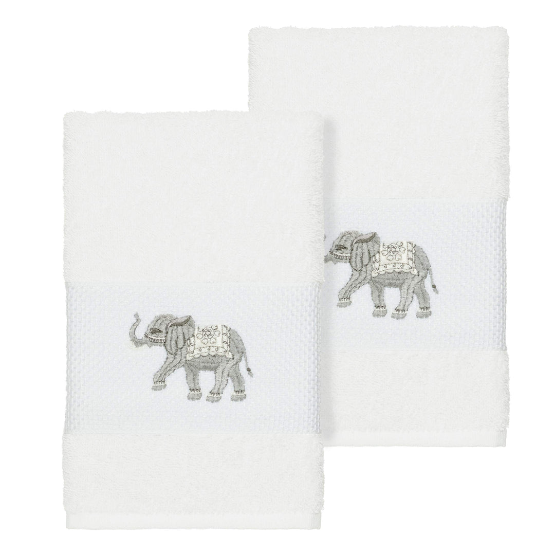Authentic Hotel and Spa Turkish Cotton Elephants Embroidered White 2-Piece Towel