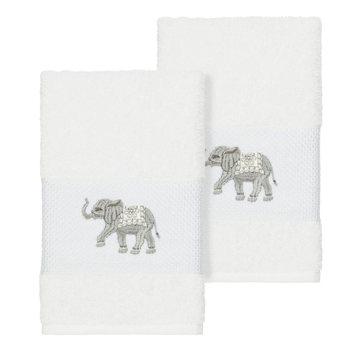 Authentic Hotel and Spa Turkish Cotton Elephants Embroidered White 2-Piece Towel