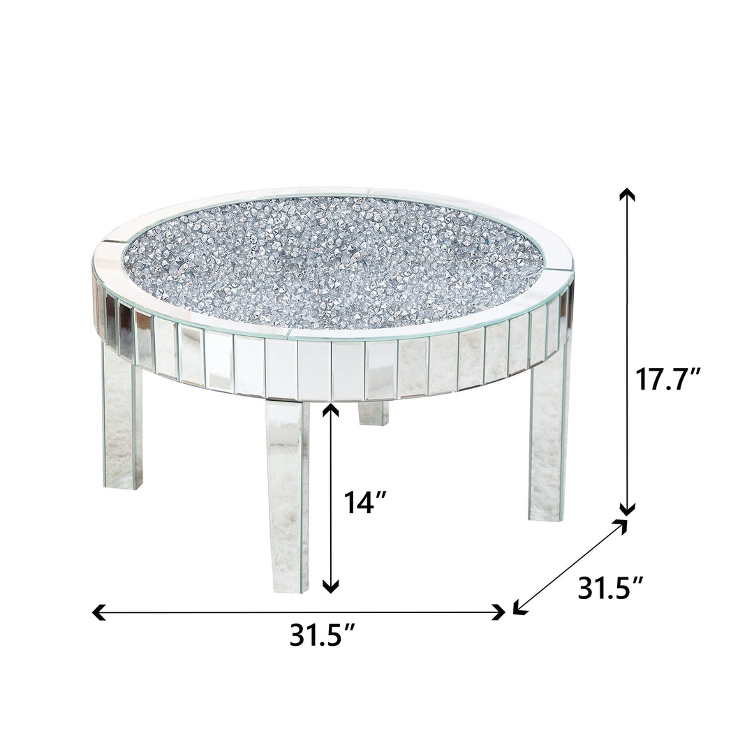 Crushed Diamond Round Coffee Table with 4 Legs Mirror Glass Silver - Diamond Home USA