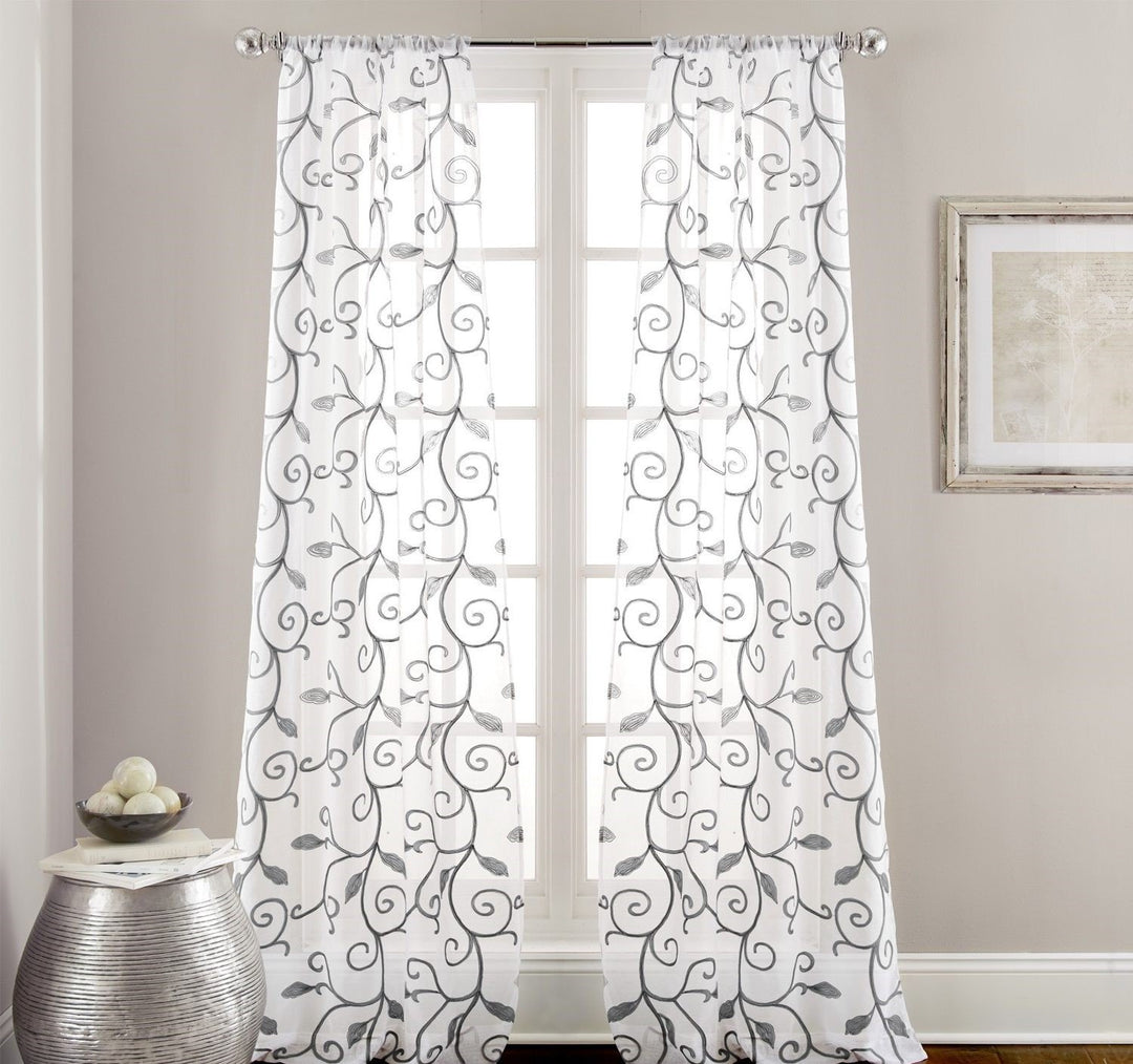D&H 2 Piece Grey White Leaf wirl Design Floral Graphic Pattern Window Curtain - Diamond Home USA