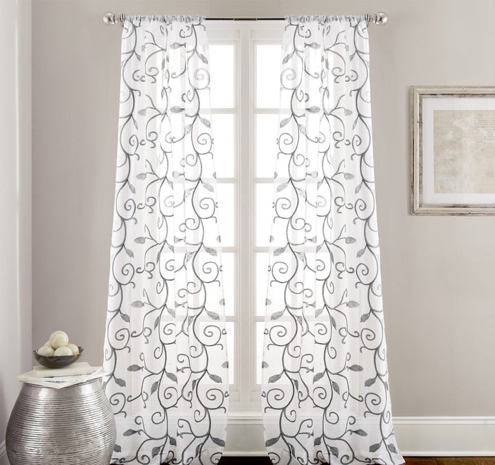 D&H 2 Piece Grey White Leaf wirl Design Floral Graphic Pattern Window Curtain - Diamond Home USA