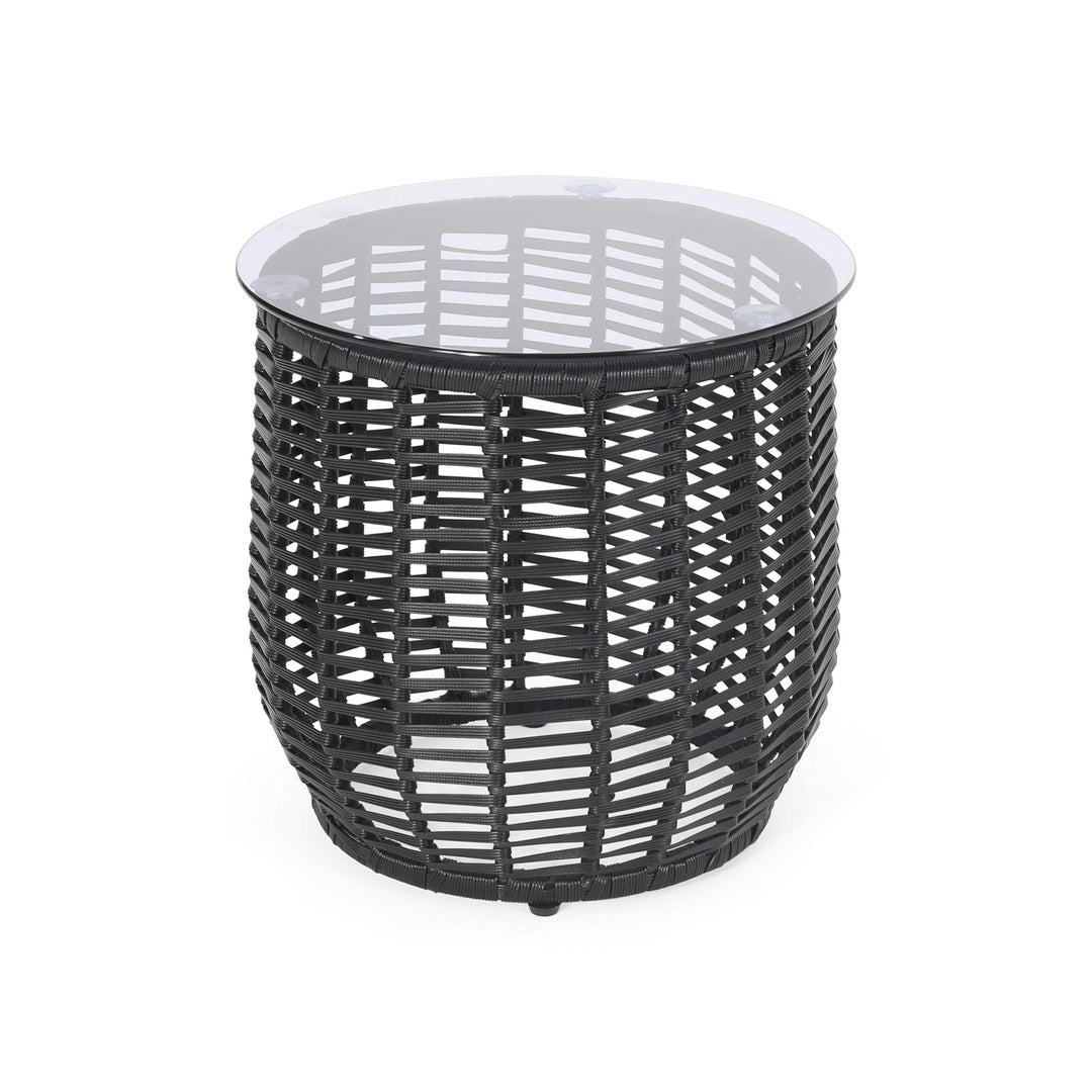 GDFStudio Wicker Side Table with Tempered Glass Top Black - Diamond Home USA