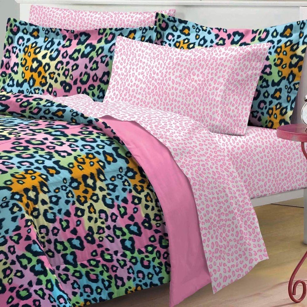 D&H 5 Piece Girls Teen Rainbow Leopard Themed Comforter Twin XL Set All Over - Diamond Home USA