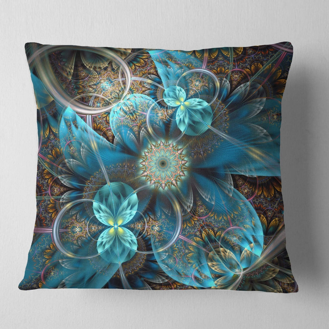 16"x16" Blue Gold Fractal Flowers Throw Pillow Art Work Floral Design Sofa Square - 16 in. x 16 in. - Small