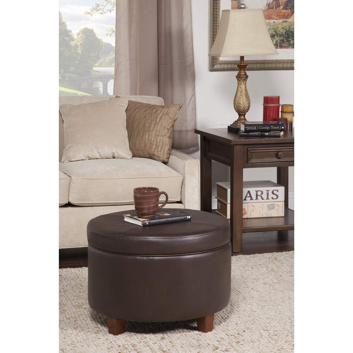 Chocolate Brown Faux Leather/Foam/Wood Large Round Storage Ottoman Solid
