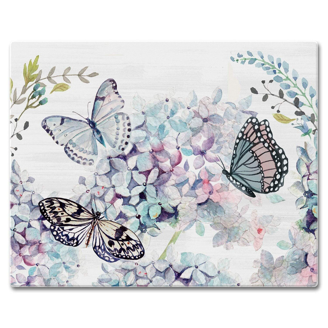 Glass Cutting Board Counter Saver 12"x15" Butterfly Hydrangea Multi Color
