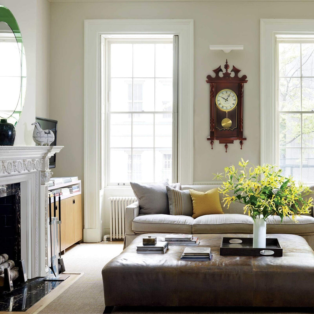 Decorative 31 inch Chiming Wall Clock W/Pendulum Red Rectangular Wood Cherry - Diamond Home USA