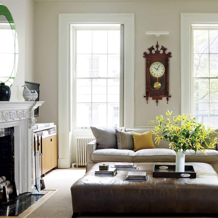 Decorative 31 inch Chiming Wall Clock W/Pendulum Red Rectangular Wood Cherry - Diamond Home USA