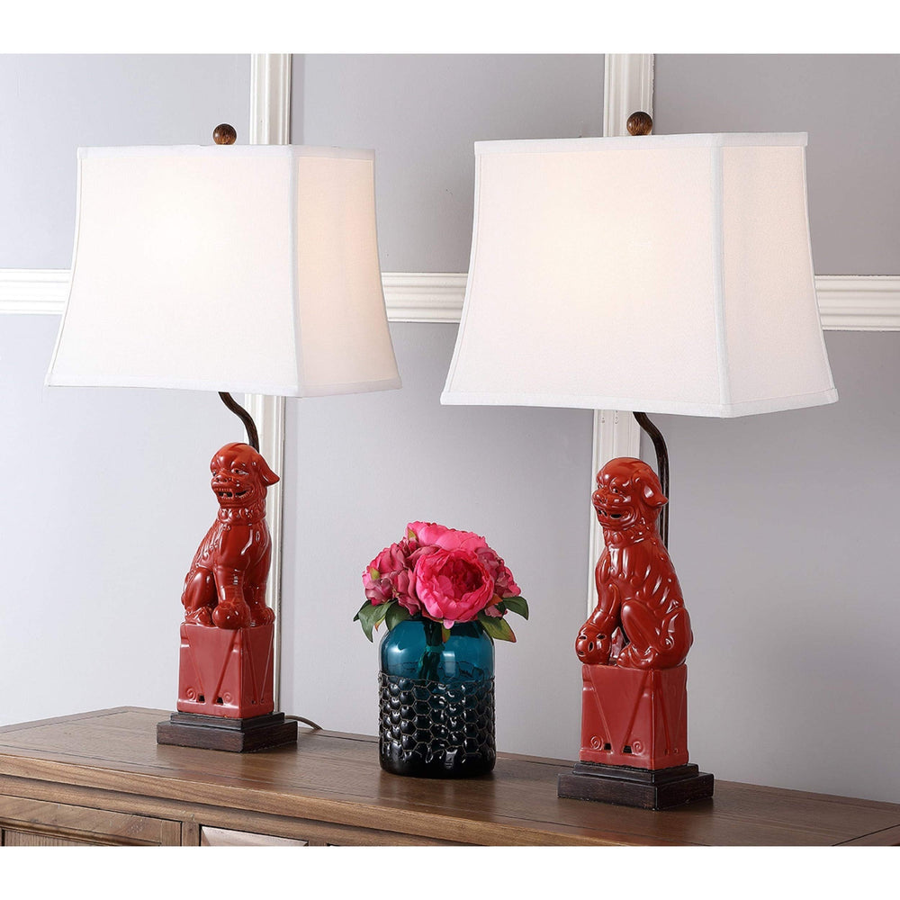 Lighting 28-inch Red Foo Dog Table Lamp (Set of 2) - 14"x9"x28.5" Brown Bulbs - Diamond Home USA