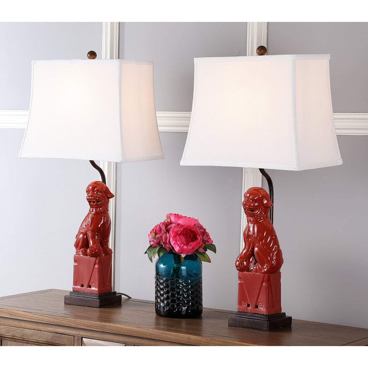 Lighting 28-inch Red Foo Dog Table Lamp (Set of 2) - 14"x9"x28.5" Brown Bulbs - Diamond Home USA