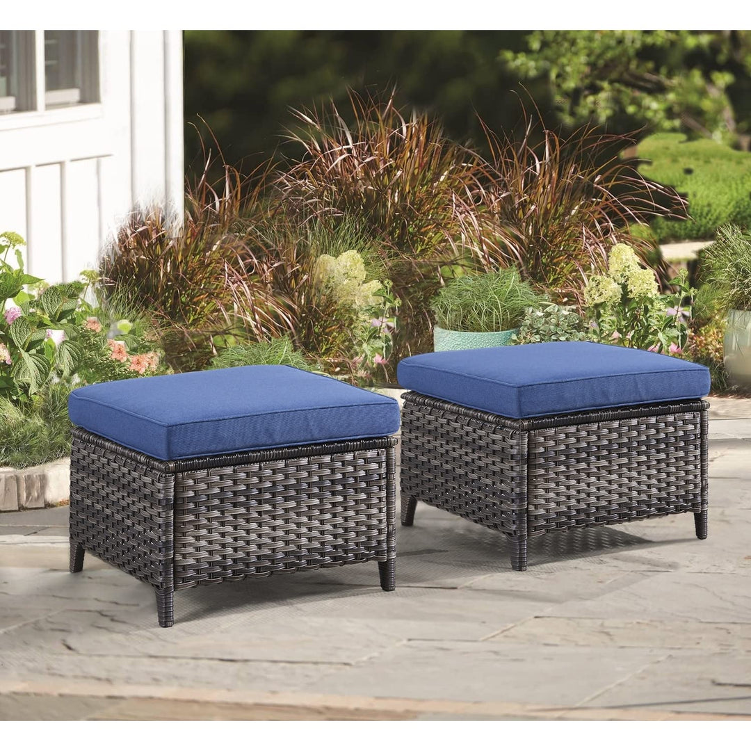 Outdoor Rattan Ottomans Wicker with Blue Cushion (Set of 2) Black Modern